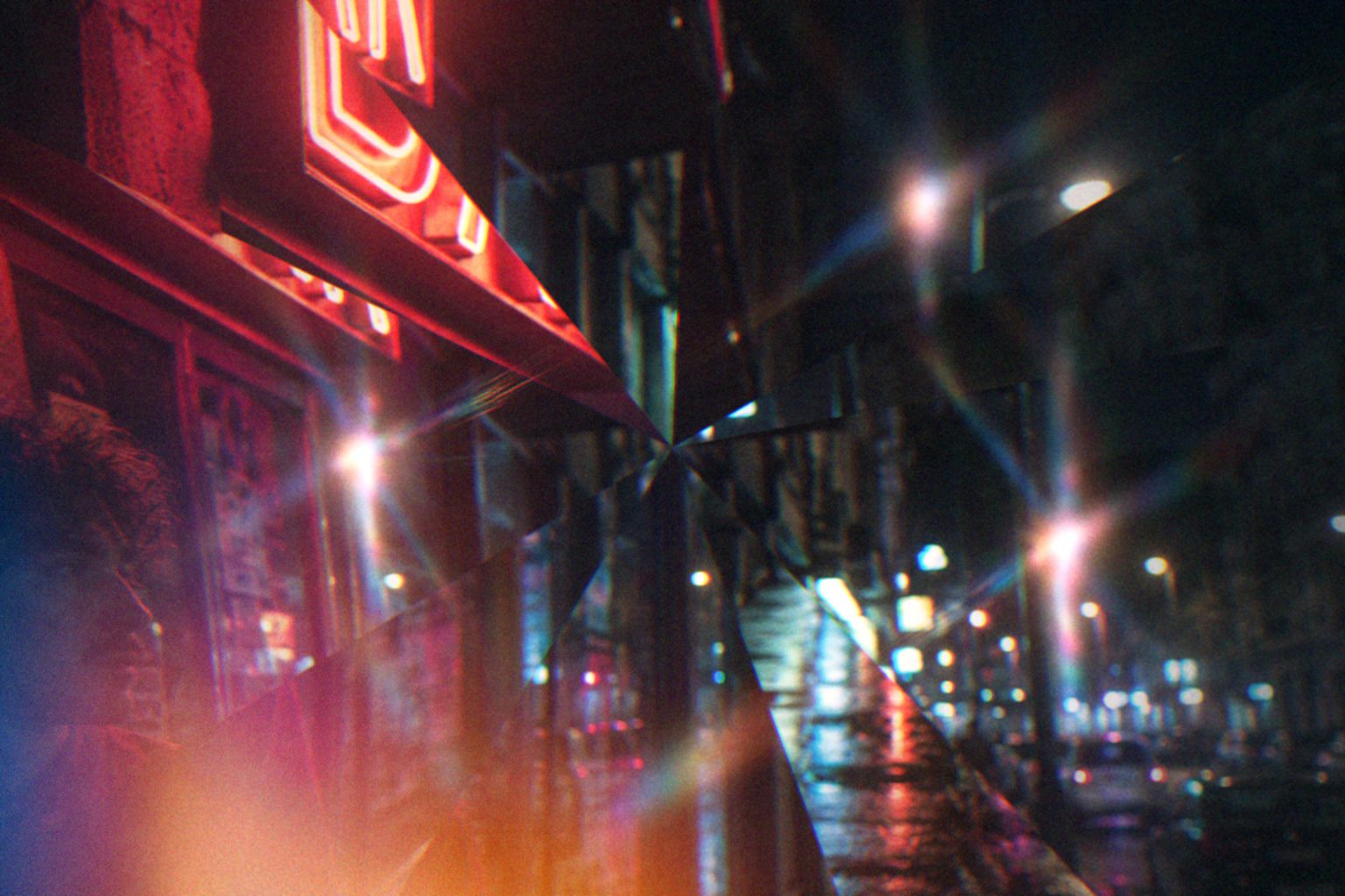 After Halobloom — chromatic aberration, lens distortion, kaleidoscope, vignette, halation, light leaks, grain