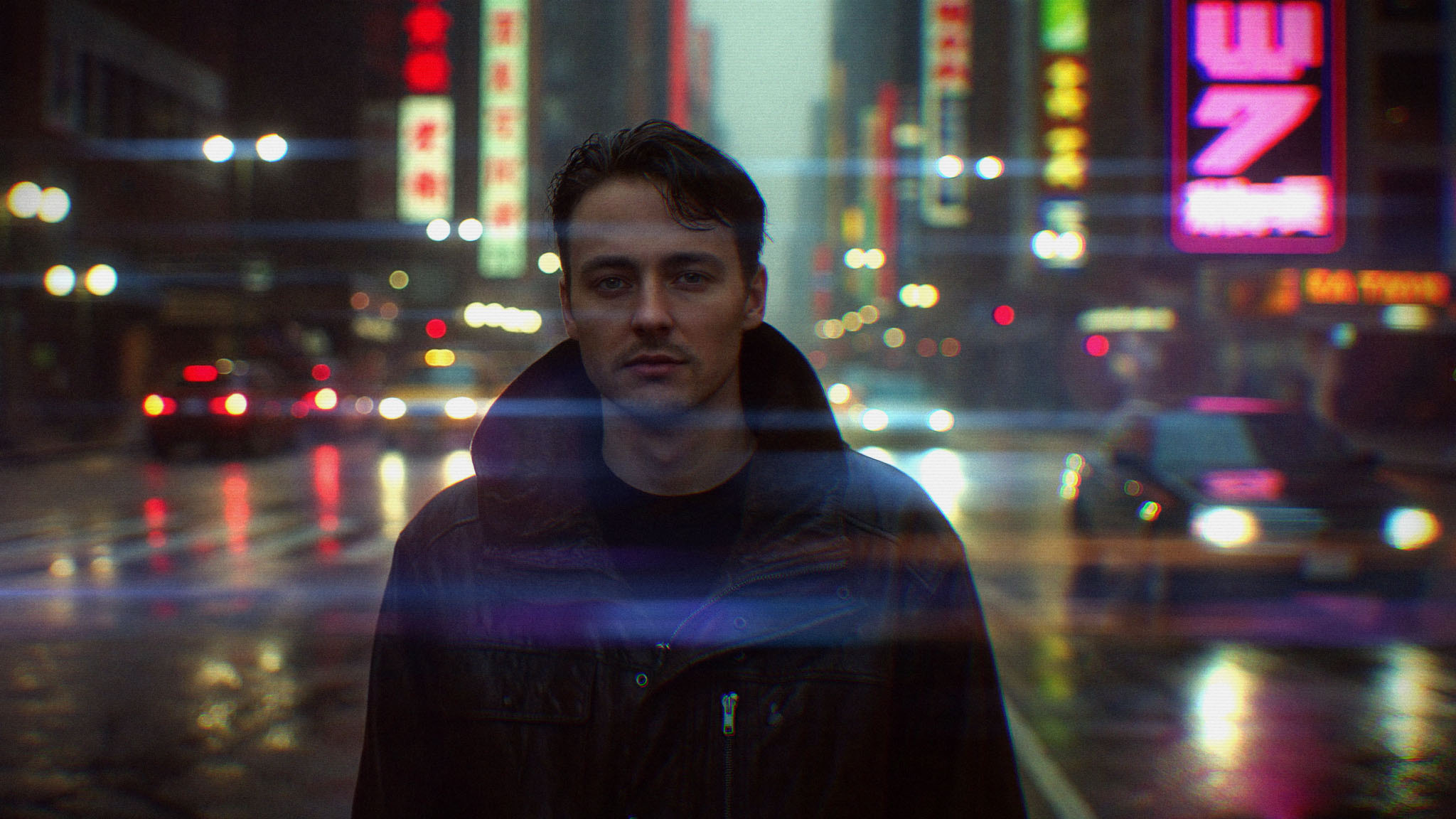 Man, neon, rain, night after Halobloom: Anamorphic Streak, Bloom, Chromatic Aberration, Film Grain, Film Looks, Vignette, VHS