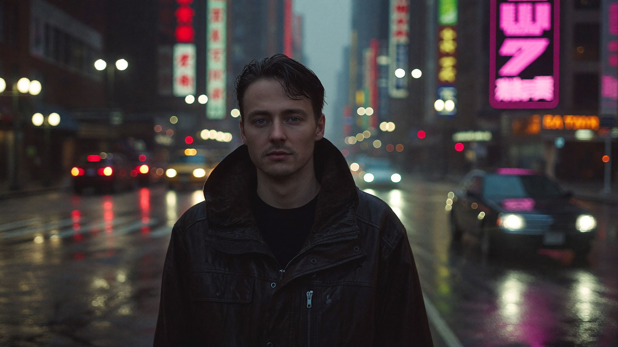 Original photograph, man, neon, rain, night, without Halobloom