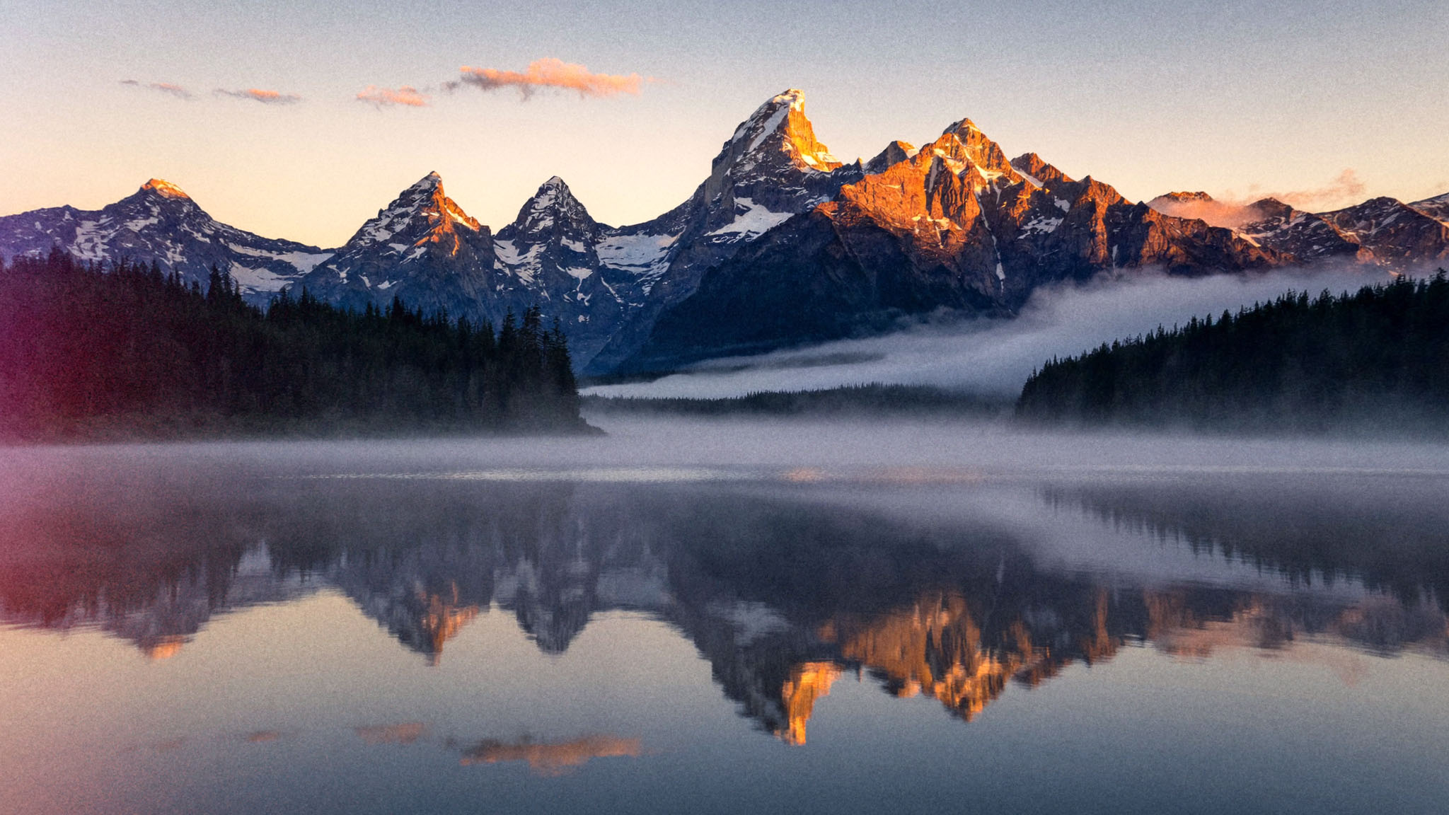 Alpine lake sunrise after Halobloom: Film Grain, Film Looks, Lens Distortion, Light Leaks