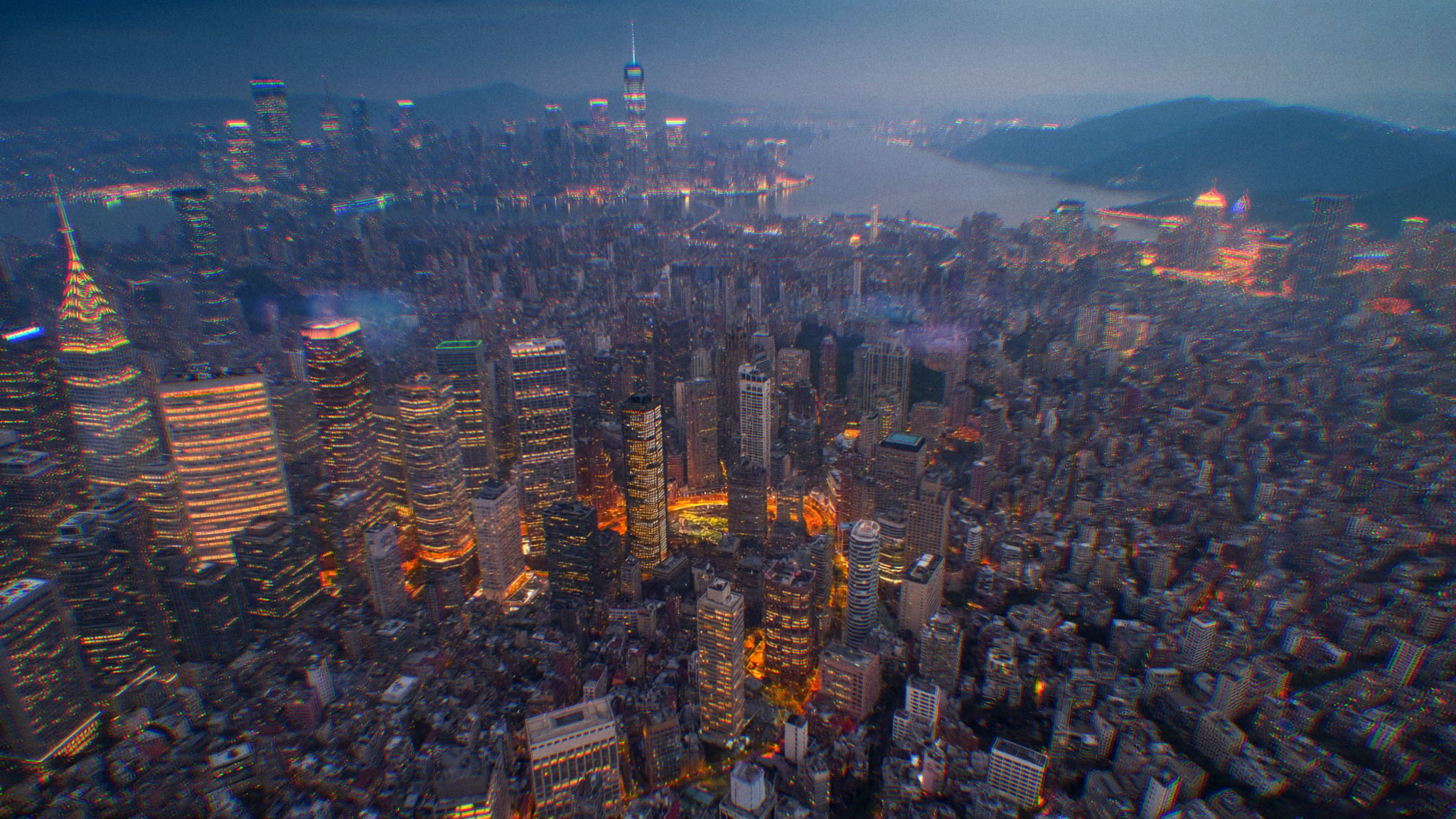 City aerial dusk after Halobloom: Anamorphic Streak, Chromatic Aberration, Film Grain, Film Looks, Halation