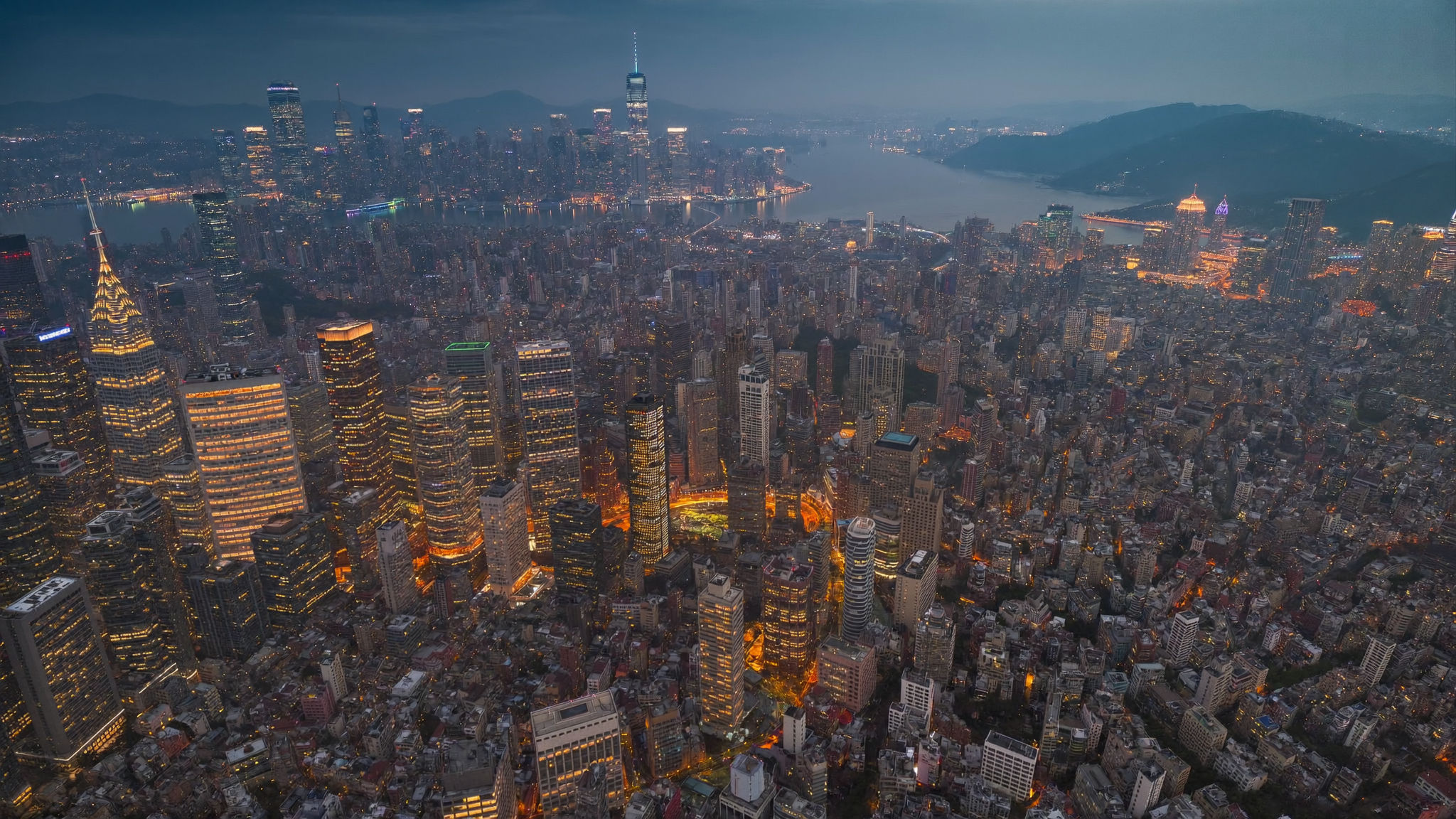 Original photograph, city aerial dusk, without Halobloom