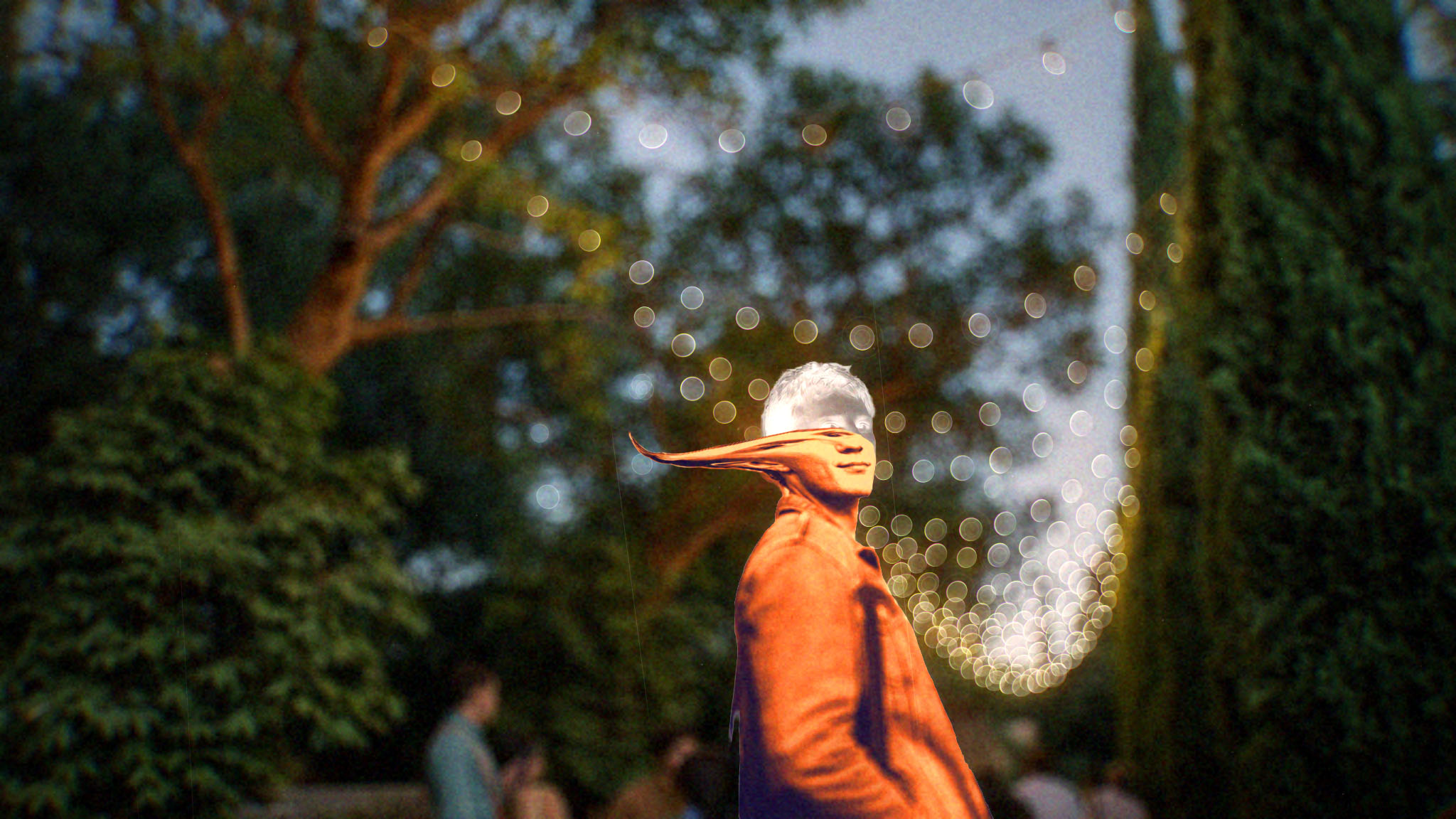 Man, string lights, evening after Halobloom: Grunge, Halation, Lens Blur, Liquid Flow, Vignette