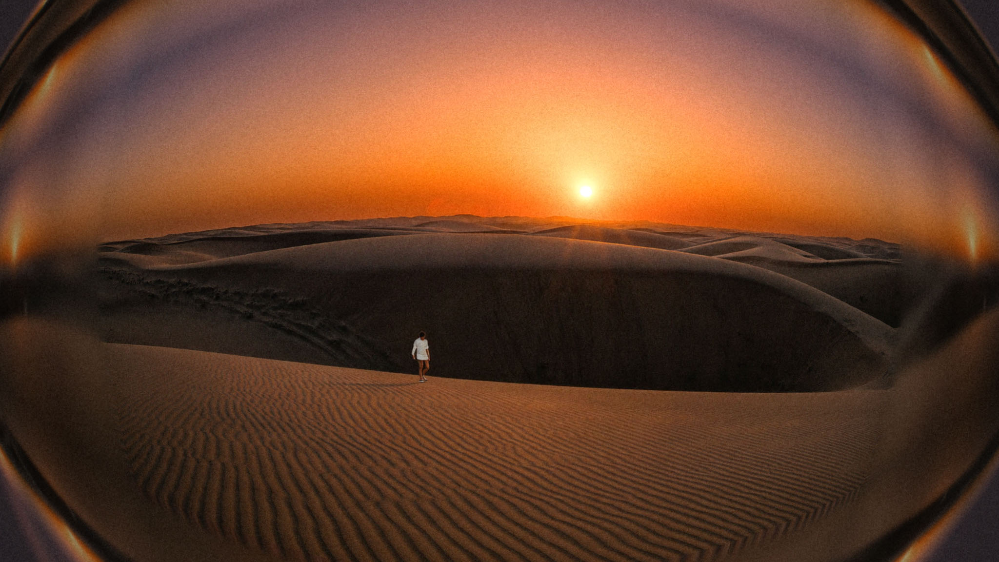 Desert dunes sunset after Halobloom: Film Grain, Halation, Lens Distortion