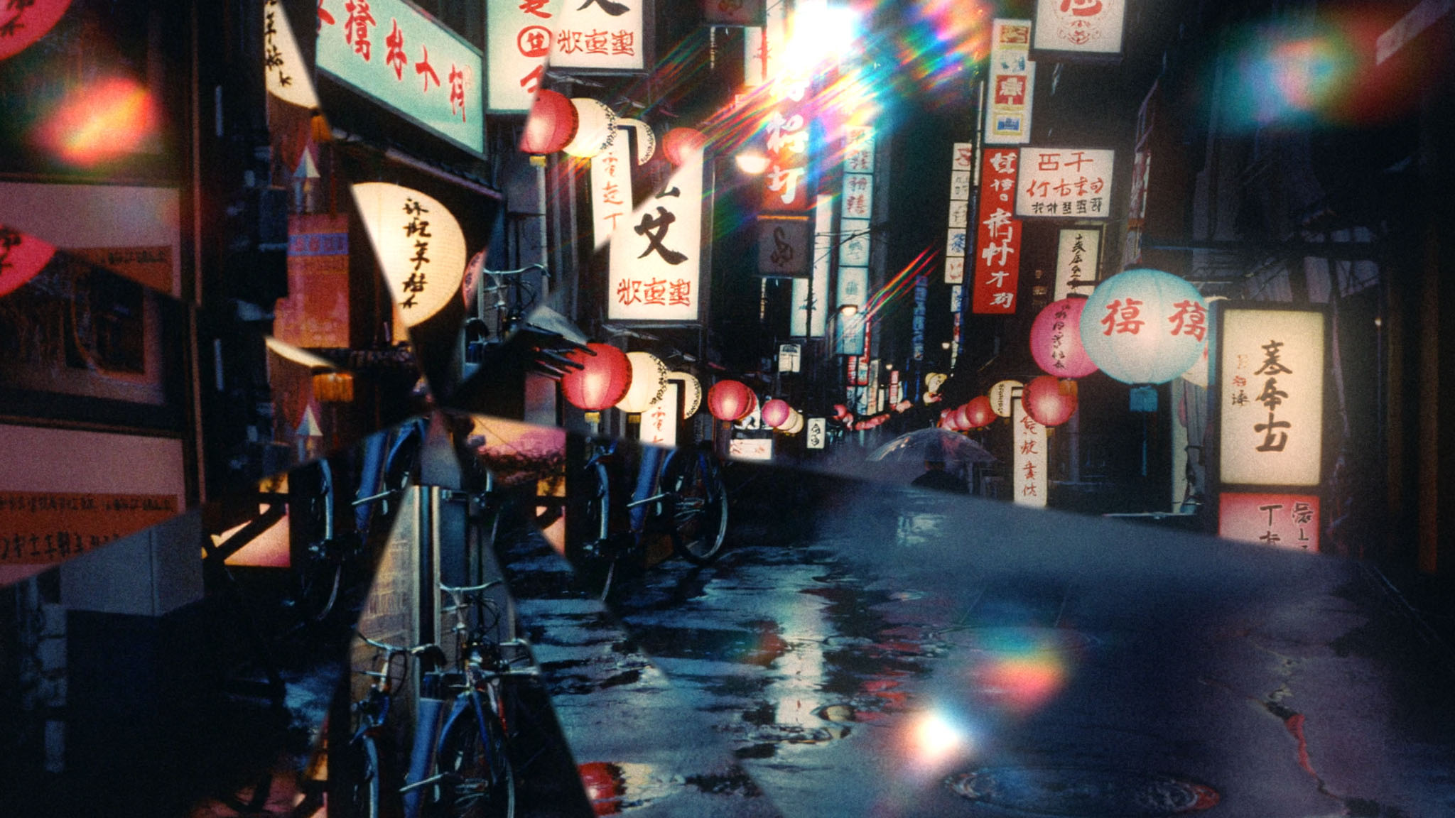 Rainy neon alley, night after Halobloom: Film Grain, Film Looks, Halation, Kaleidoscope