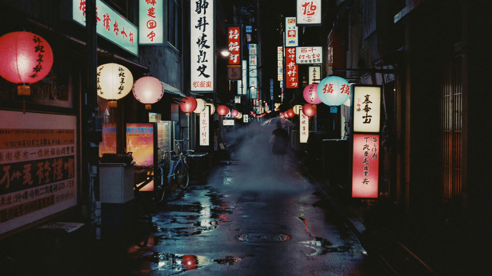 Original photograph, rainy neon alley, night, without Halobloom