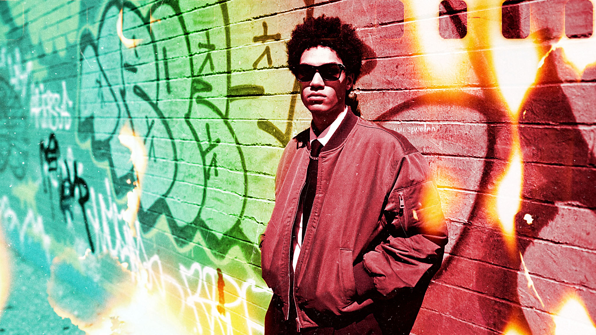 Graffiti street portrait, midday after Halobloom: Duotone / Tritone, Film Burns, Film Grain, Film Looks, Lens Blur