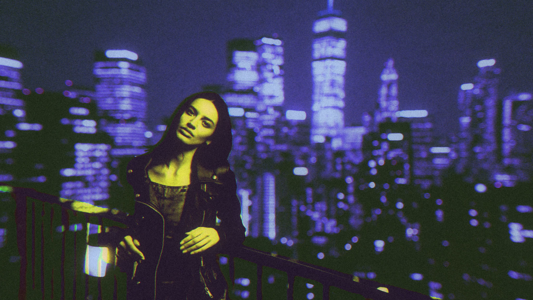 Rooftop portrait, city night after Halobloom: Bloom, Duotone / Tritone, Film Grain, Lens Distortion, VHS
