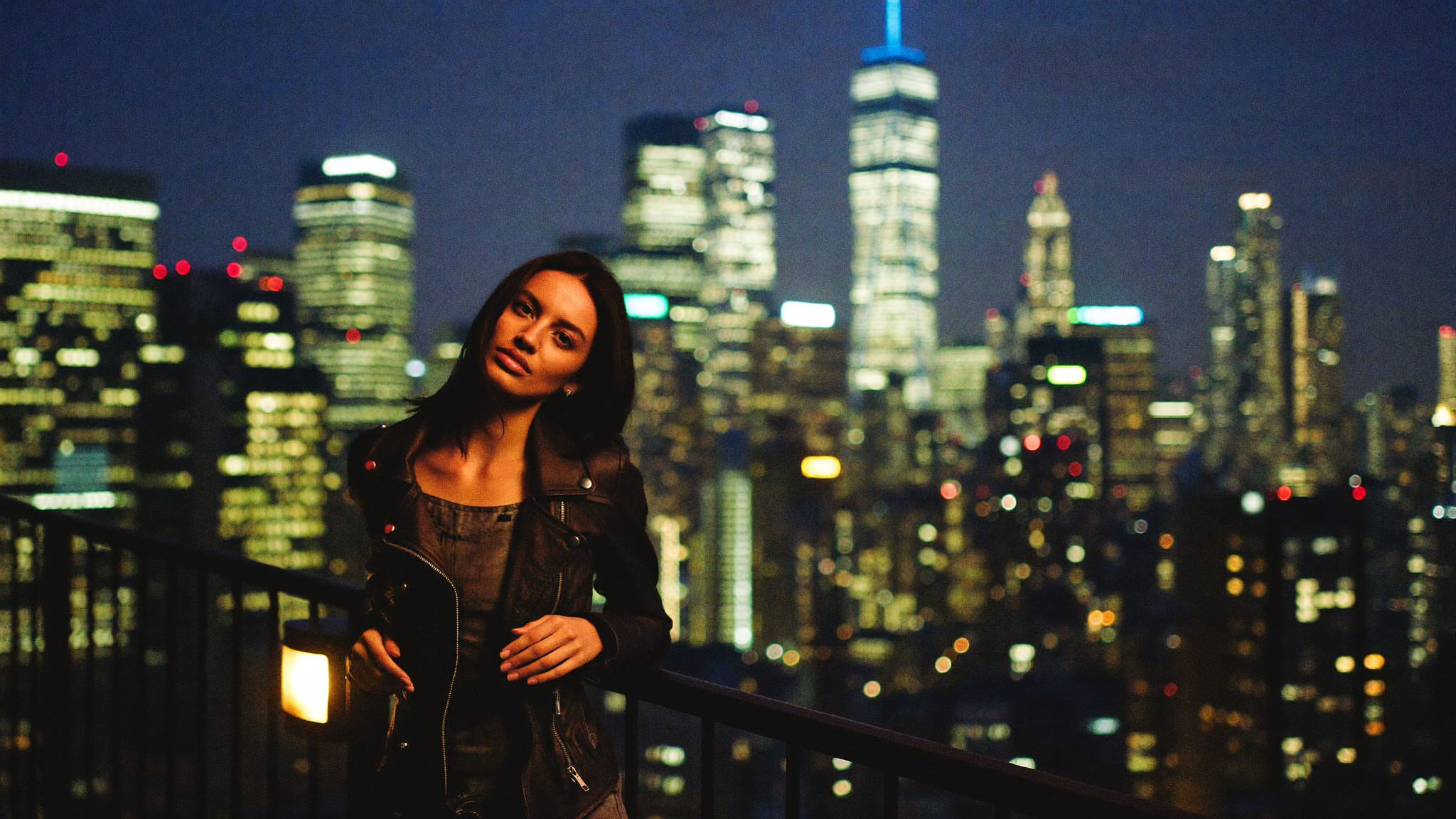 Original photograph, rooftop portrait, city night, without Halobloom