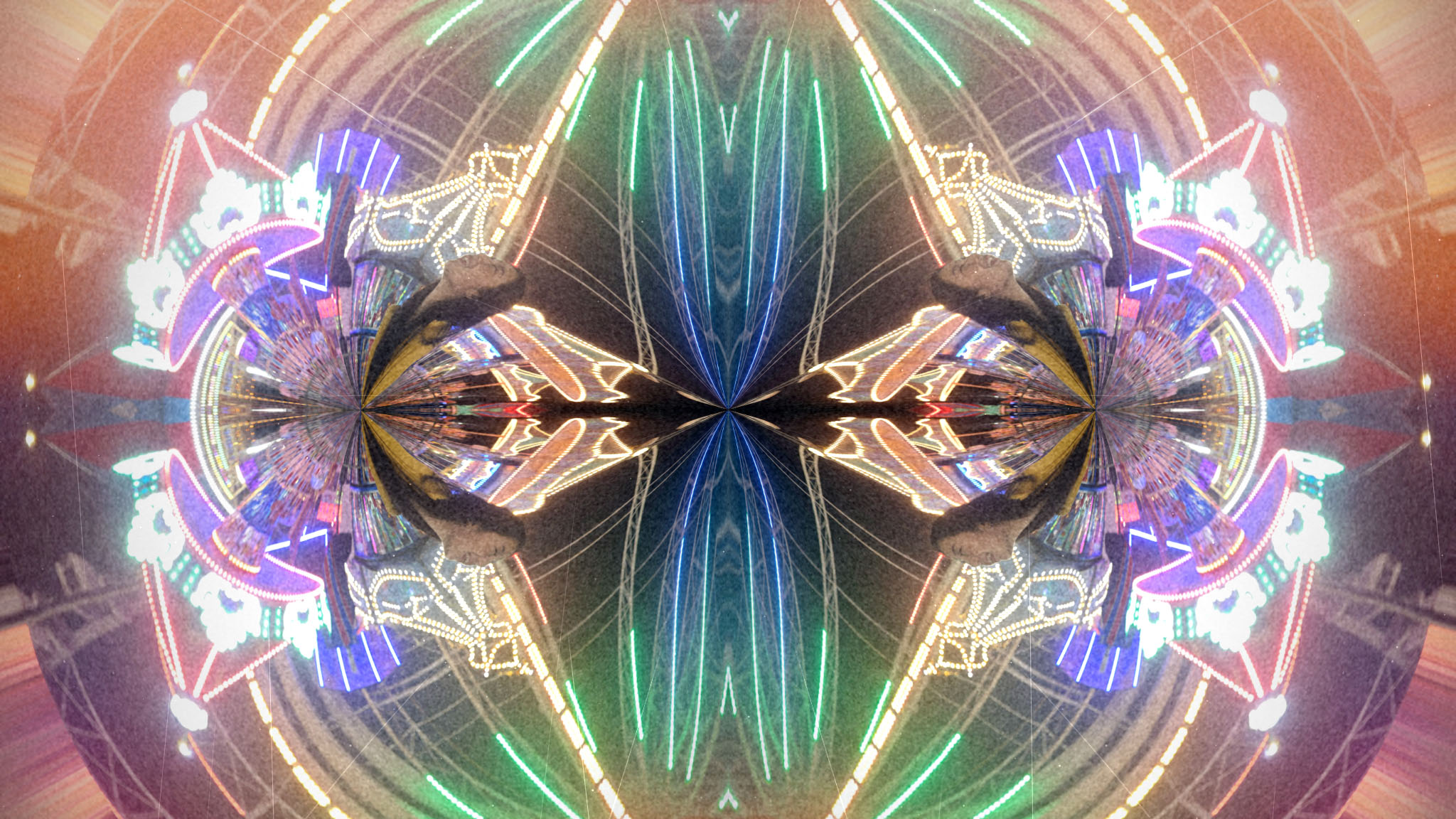 Funfair Ferris wheel, night after Halobloom: Lens Distortion (Kaleidoscope planet), Light Leaks, Grunge