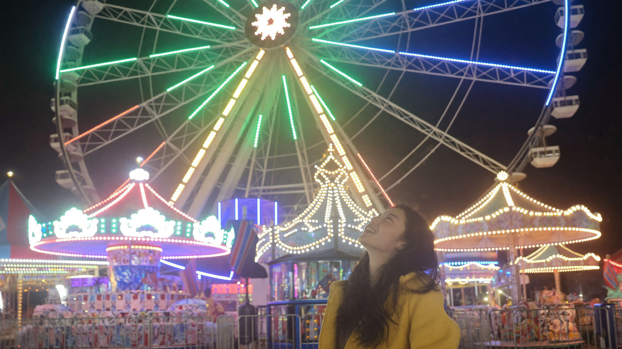 Original photograph, funfair ferris wheel, night, without Halobloom