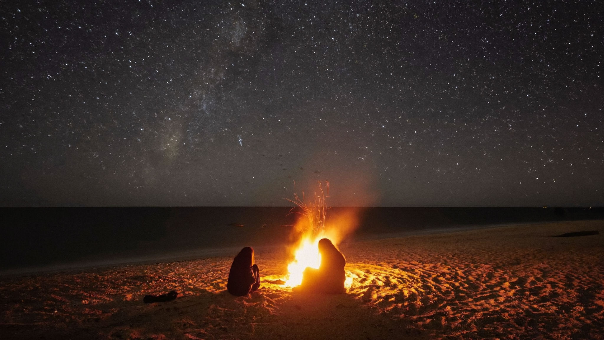 Original photograph, beach bonfire, stars, without Halobloom