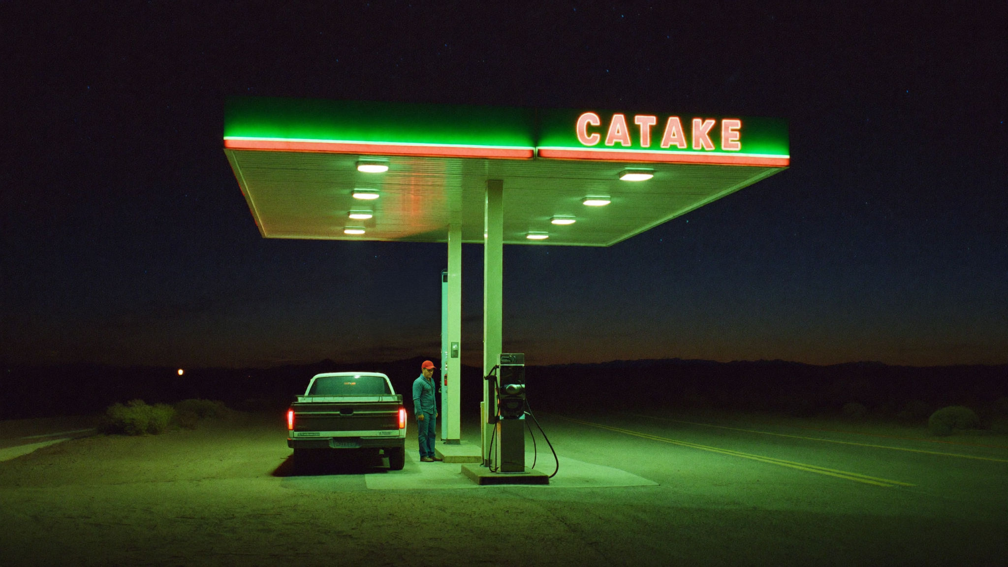 Original photograph, desert gas station, night, without Halobloom